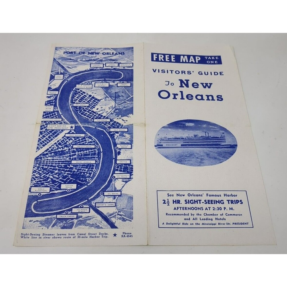 Travel Brochure Visitor Guide New Orleans Steamer President Downtown Map VTG 50s